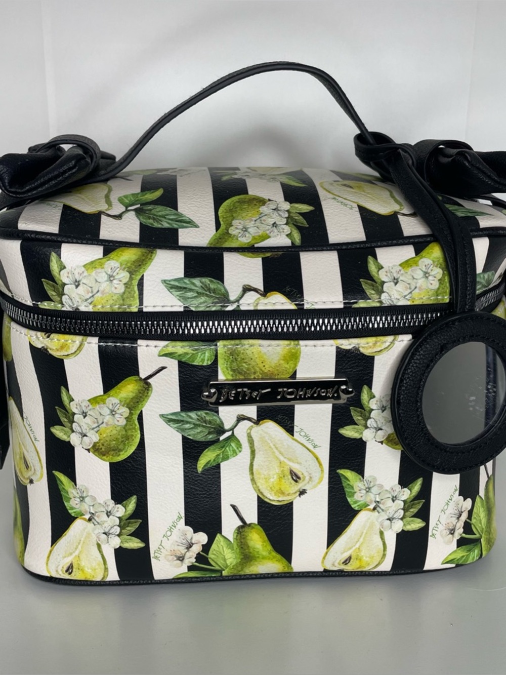 Betsey Johnson Y2K Train Case Pear Print Cosmetic Bag Bow Vanity Case